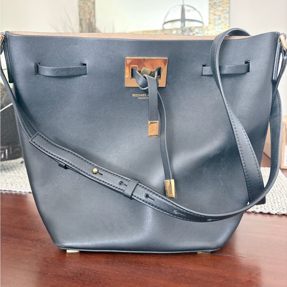 Michael Kors Collection Black Leather Shoulder Bag with Gold Hardware